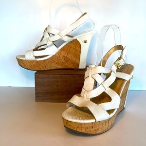 Guess Harlea size 8.5 White Snake Skin Embossed Cork Wedge Heels